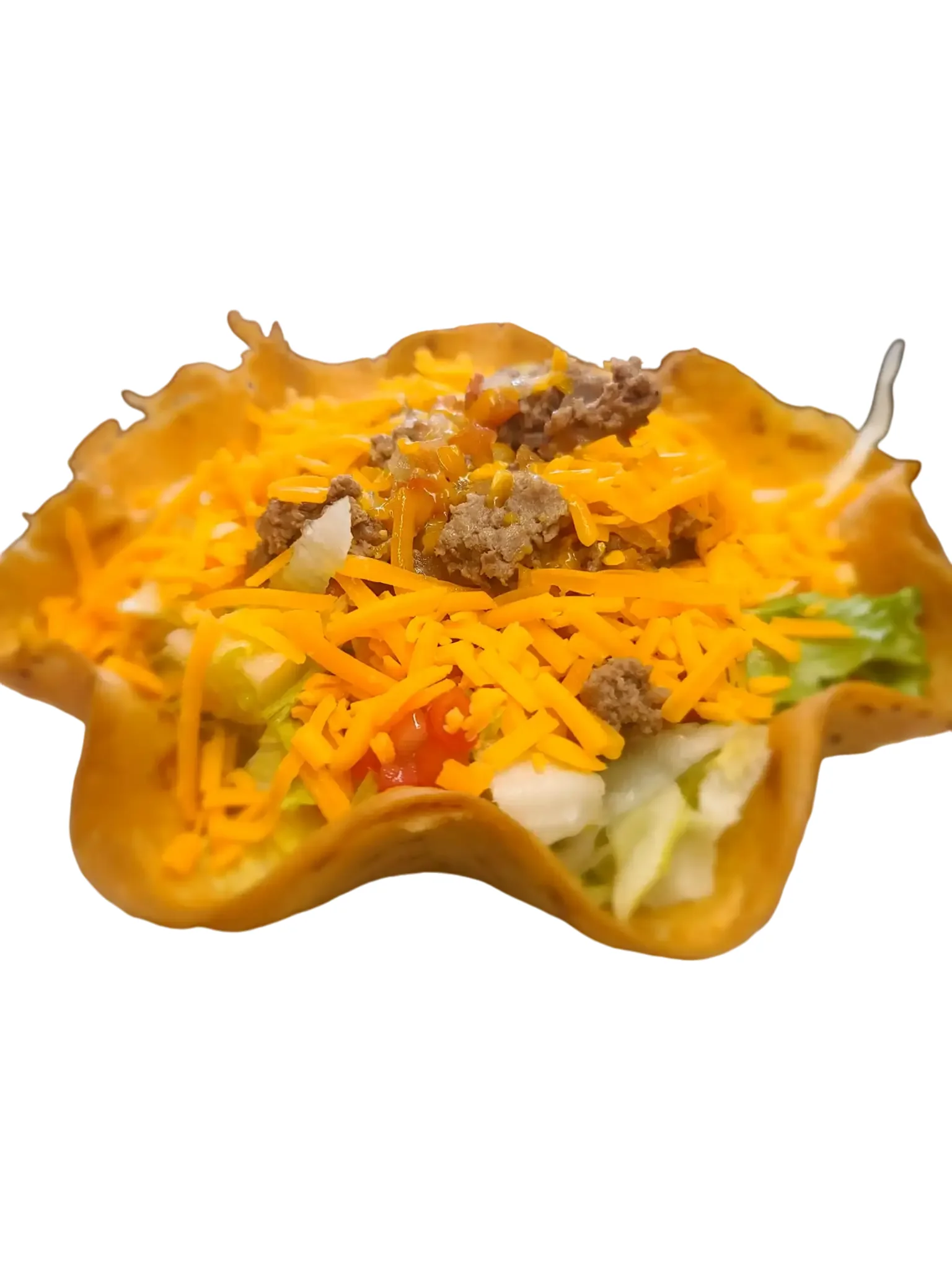 Taco Salad - Crispy tortilla bowl filled with seasoned meat, lettuce, tomato, and cheese